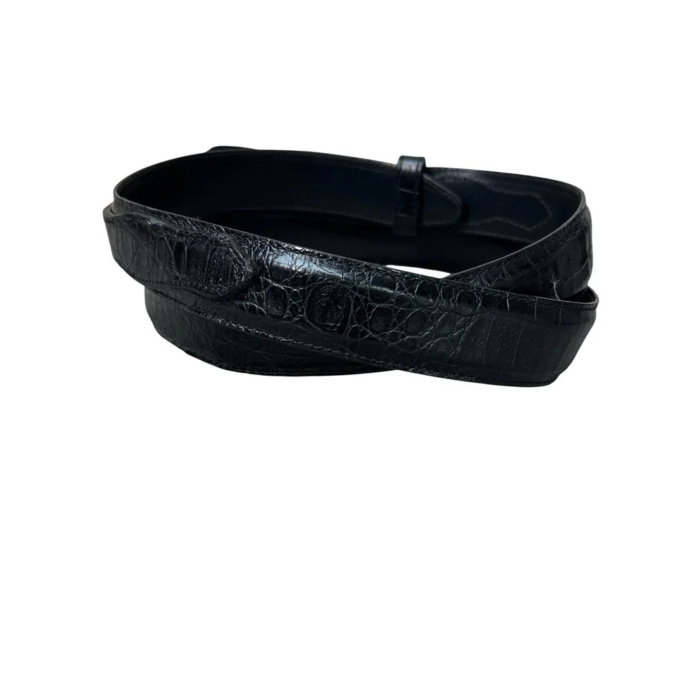 Mens Black Italian Calfskin Croc Embossed Western Ranger Belt Silver Hardware 42